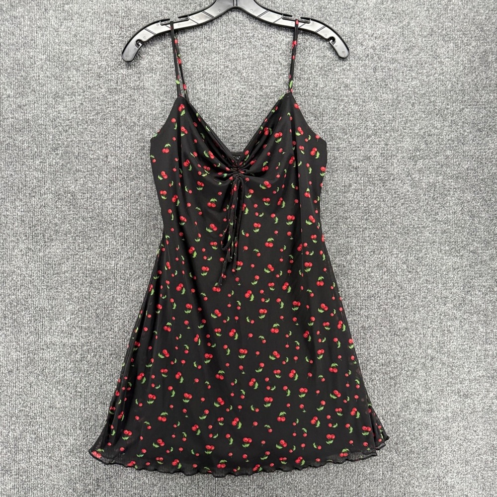 Vintage Rue21 Dress Womens M Black Cherry Print Cami Slip Romantic Coquette Mini